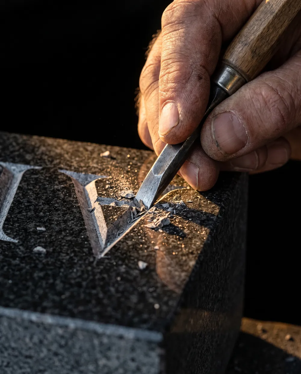 Schriftmeißel an einem frisch gehauenen Buchstaben in dunklem Granit