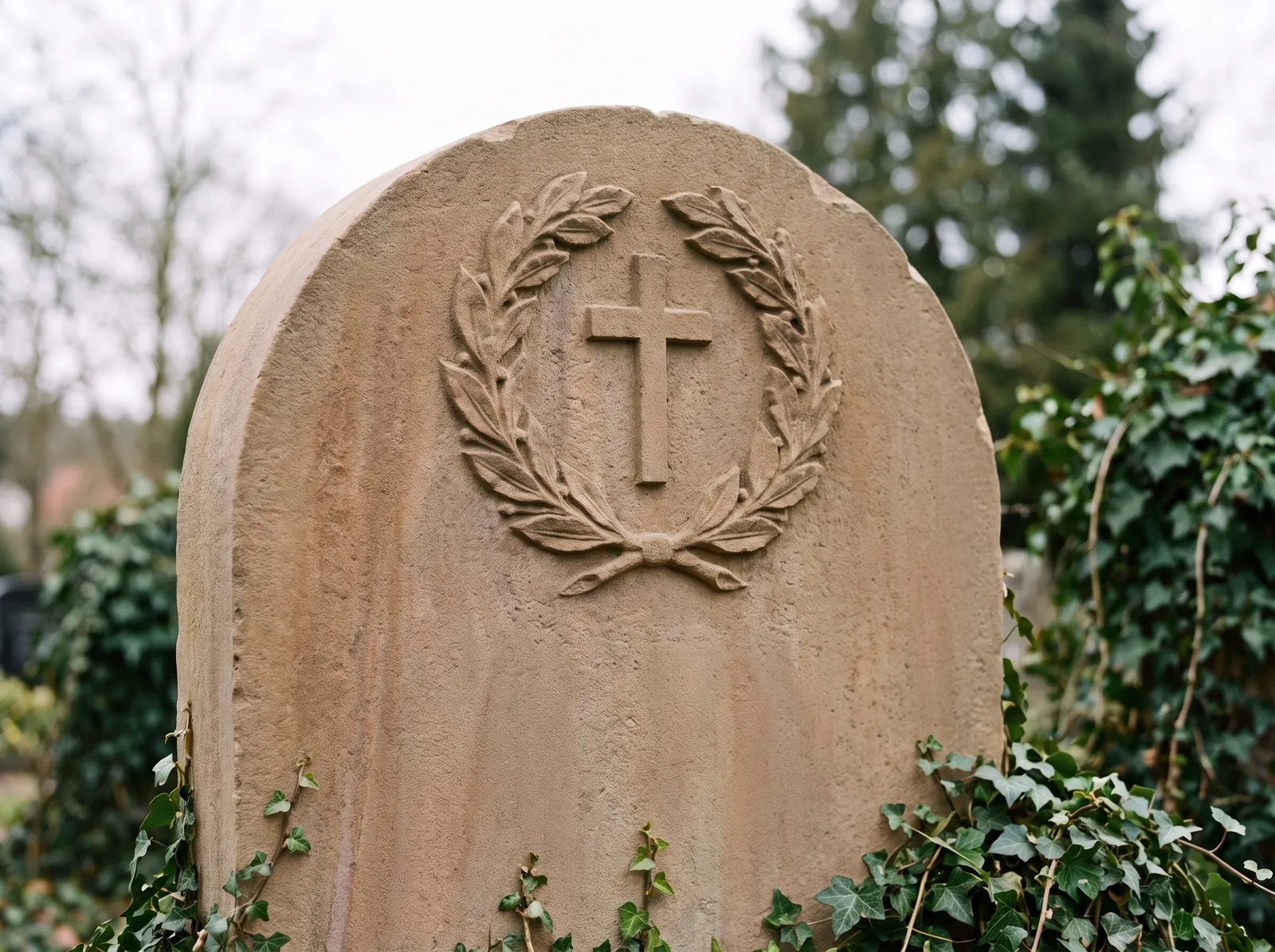 Derselbe Grabstein nach der Reinigung, Kranz und Kreuz wieder klar erkennbar